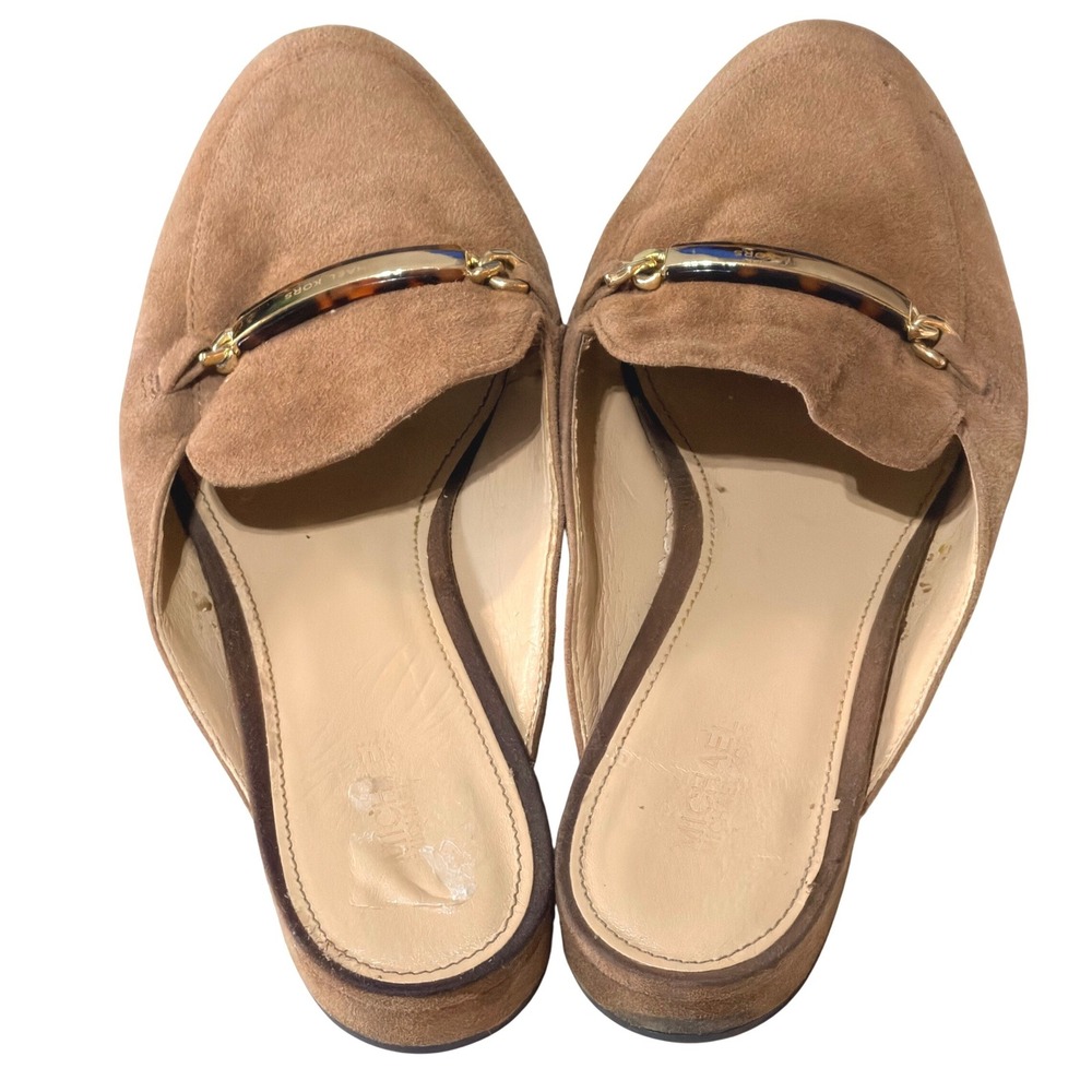 Michael Kors Mules Loafers Womens 7M Tan Suede Gold Tortoise Slide Minimalist - Picture 3 of 7
